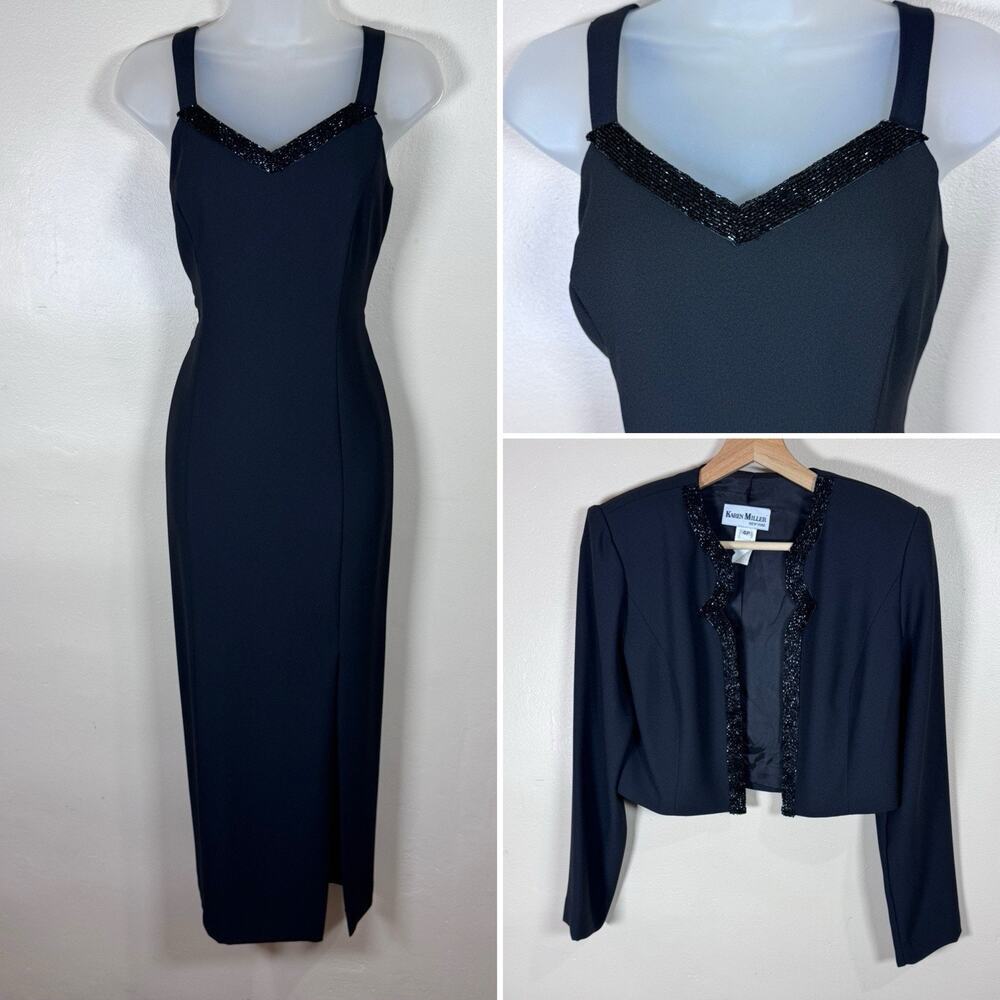 VTG Karen Miller Dress 90s Formal Maxi Black Beaded High Slit Wedding Guest 4P
